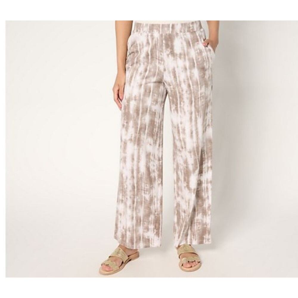 Denim & Co Size L Taupe & White Beach Jersey Wide Leg Pant A678638 NWOT